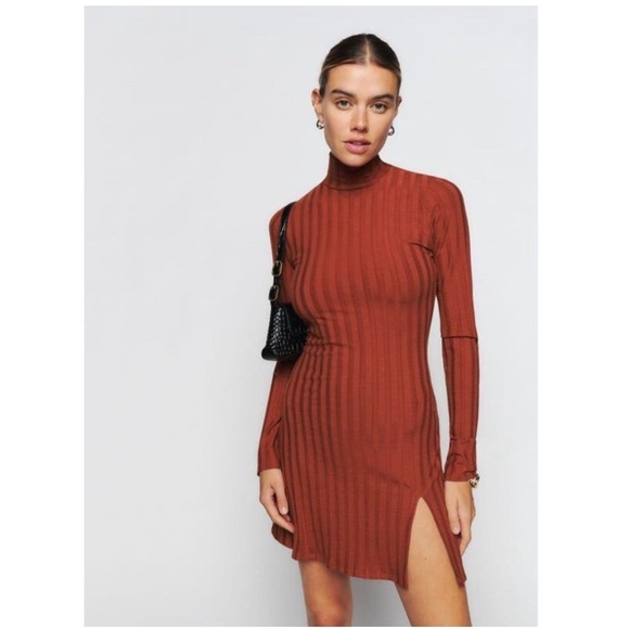 Reformation Dresses & Skirts - Reformation Libra Knit Dress XL Oxide Rust Ribbed Mock Neck Long Sleeve Mini